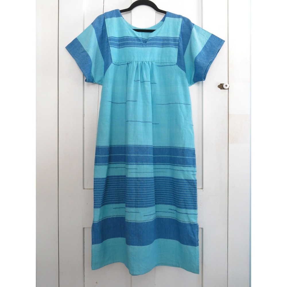 Vintage Hand Made Blue Striped Cotton Kaftan Muumuu Dress Short Sleeve Boho Midi